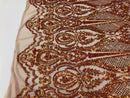 Iridescent Orange Sequin, 4 Way Stretch Damask Design Fabric On Blush Stretch Mesh By The Yard