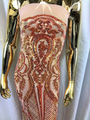 Iridescent Orange Sequin, 4 Way Stretch Damask Design Fabric On Blush Stretch Mesh By The Yard