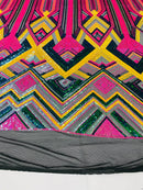 Triangle Multi Color Sequins - Magenta Yellow Green  - 4 Way Stretch Chevron Sequins Fabric By Yard