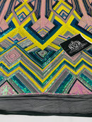 Triangle Multi Color Sequins - Pink Yellow Aqua - 4 Way Stretch Chevron Sequins Fabric By Yard
