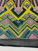Triangle Multi Color Sequins - Pink Yellow Aqua - 4 Way Stretch Chevron Sequins Fabric By Yard