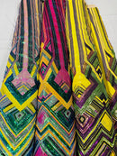 Triangle Multi Color Sequins - Pink Yellow Aqua - 4 Way Stretch Chevron Sequins Fabric By Yard