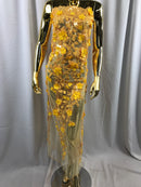 Flower 3D Fabric - Yellow - Embroided Fabric Flower Pearls and Leaf Decor Sold by The Yard