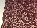Embroided - Burgundy Beaded Damask Pattern Fabric Embroidery Lace Design Fabrics Sold By The Yard