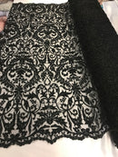 Embroided - Black - Beaded Damask Pattern Fabric Embroidery Lace Design Fabrics Sold By The Yard
