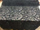 Embroided - Navy - Beaded Damask Pattern Fabric Embroidery Lace Design Fabrics Sold By The Yard