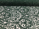 Embroided Hunter Green Beaded Damask Pattern Fabric Embroidery Lace Design Fabrics Sold By The Yard