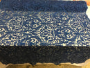 Embroided - Royal Blue Beaded Damask Pattern Fabric Embroidery Lace Design Fabrics Sold By The Yard