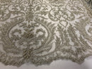 Embroided - Silver - Beaded Damask Pattern Fabric Embroidery Lace Design Fabrics Sold By The Yard