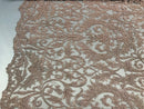 Embroided - Pink - Beaded Damask Pattern Fabric Embroidery Lace Design Fabrics Sold By The Yard