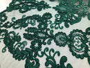 Floral - Hunter Green -Embroided Lace Fabric Damask Pattern - Beautiful Fabrics Sold by The Yard