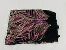 Iridescent Magenta Gold - 4 Way Stretch Embroidered Royalty Sequins Fancy Design Fabric By Yard