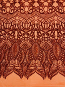 Burnt Orange Sequin - 4 Way Stretch Embroidered Royalty Sequins Fancy Design Fabric By Yard