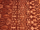 Burnt Orange Sequin - 4 Way Stretch Embroidered Royalty Sequins Fancy Design Fabric By Yard