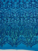 Holographic Turquoise Sequin - 4 Way Stretch Embroidered Royalty Sequins Fancy Design Fabric By Yard