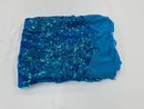 Holographic Turquoise Sequin - 4 Way Stretch Embroidered Royalty Sequins Fancy Design Fabric By Yard