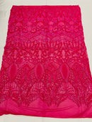 Holographic Neon Pink Sequins - 4 Way Stretch Embroidered Royalty Sequins Fancy Design Fabric By Yard