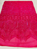 Holographic Neon Pink Sequins - 4 Way Stretch Embroidered Royalty Sequins Fancy Design Fabric By Yard