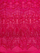 Holographic Neon Pink Sequins - 4 Way Stretch Embroidered Royalty Sequins Fancy Design Fabric By Yard