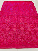 Holographic Neon Pink Sequins - 4 Way Stretch Embroidered Royalty Sequins Fancy Design Fabric By Yard