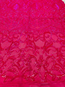 Holographic Neon Pink Sequins - 4 Way Stretch Embroidered Royalty Sequins Fancy Design Fabric By Yard