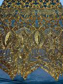 Yellow Gold Sequin - 4 Way Stretch Embroidered Royalty Sequins Fancy Design Fabric By Yard