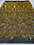 Yellow Gold Sequin - 4 Way Stretch Embroidered Royalty Sequins Fancy Design Fabric By Yard