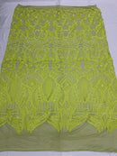 Neon Green Sequins - 4 Way Stretch Embroidered Royalty Sequins Fancy Design Fabric By Yard