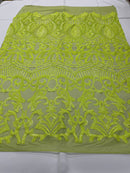Neon Green Sequins - 4 Way Stretch Embroidered Royalty Sequins Fancy Design Fabric By Yard