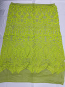 Neon Green Sequins - 4 Way Stretch Embroidered Royalty Sequins Fancy Design Fabric By Yard