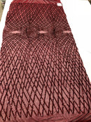 4 Way Stretch Sequins Geometric Fabric Burgundy Lace Mesh Dress Fashion Design Fabrics By The Yard