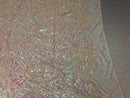Iridescent White Pink  - 4 Way Stretch Embroidered Royalty Sequins Fancy Design Fabric By Yard