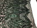 Hunter Green  - 4 Way Stretch Embroidered Royalty Sequins Design Fabric By Yard