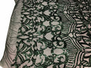 Hunter Green  - 4 Way Stretch Embroidered Royalty Sequins Design Fabric By Yard