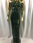 Hunter Green  - 4 Way Stretch Embroidered Royalty Sequins Design Fabric By Yard