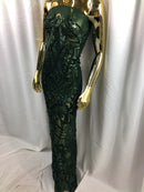 Hunter Green  - 4 Way Stretch Embroidered Royalty Sequins Design Fabric By Yard