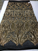 Gold on Black Sequin - 4 Way Stretch Embroidered Royalty Sequins Fancy Design Fabric By Yard