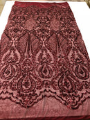 Fancy Design Sequins Fabric with 4 Way Stretch - Burgundy -  Beautiful Fabrics Sold By The Yard