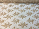 Lace Fabric - Champagne - Corded Flower Embroidery With Sequins on Mesh Polyester By The Yard