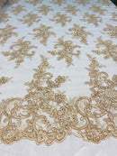 Lace Fabric - Champagne - Corded Flower Embroidery With Sequins on Mesh Polyester By The Yard