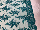Lace Fabric - Green - Corded Flower Embroidery With Sequins on Mesh Polyester By The Yard