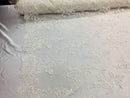 Lace Fabric - Ivory - Corded Flower Embroidery With Sequins on Mesh Polyester By The Yard