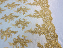 Lace Fabric - Gold - Corded Flower Embroidery With Sequins on Mesh Polyester By The Yard