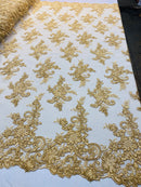 Lace Fabric - Gold - Corded Flower Embroidery With Sequins on Mesh Polyester By The Yard