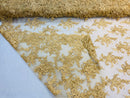 Lace Fabric - Gold - Corded Flower Embroidery With Sequins on Mesh Polyester By The Yard