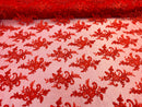Lace Fabric - Red - Corded Flower Embroidery With Sequins on Mesh Polyester By The Yard
