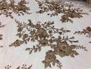 Floral Embroided 3D Fabric with small Pearl Decor - Coffee - Beautiful Fabrics Sold by The Yard