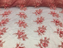 Beautiful - Coral - Embroidered 3D Flower Fabric with Pearls and Rhinestones  Sold by The Yard