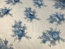 Beautiful - Baby Blue - Embroidered 3D Flower Fabric with Pearls and Rhinestones  Sold by The Yard