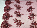 Beautiful - Burgundy - Embroidered 3D Flower Fabric with Pearls and Rhinestones  Sold by The Yard